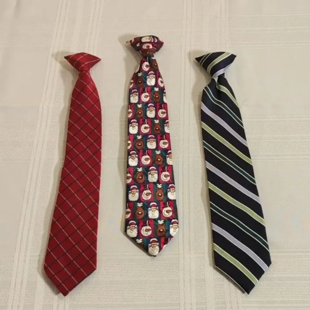 Clip-on Ties (3) Boys 15 Inch Christmas Blue Repp Stripe Red Check